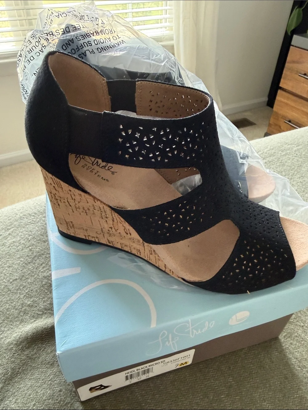 Life Stride Black Laser-Cut Cork Wedge Sandals New in the Box.